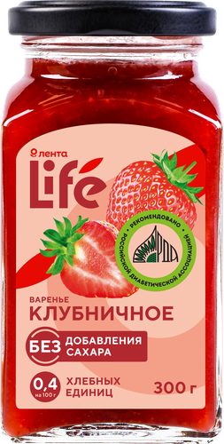 Варенье ЛЕНТА LIFE Клубничное, без сахара, 300г, картинка