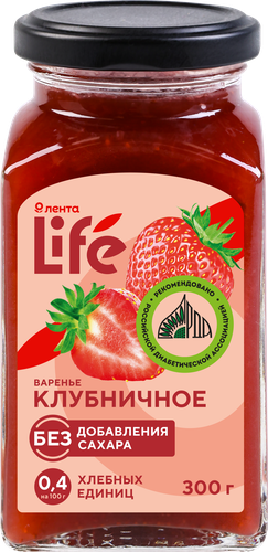 Варенье ЛЕНТА LIFE Клубничное, без сахара, 300г, изображение