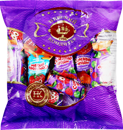 Конфеты СОЧНЫЕ ЯГОДЫ Яблоко-малина, глазированные,с желейным корпусом, 200г, крупный план