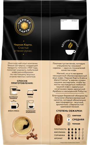 Кофе зерновой ЧЕРНАЯ КАРТА Сrema натуральный жареный, 1кг, крупный план