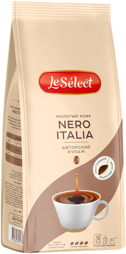 Кофе молотый LE SELECT Nero Italia натуральный, 200г, крупный план