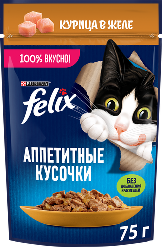 Корм влажный для взрослых кошек FELIX Аппетитные кусочки Курица в желе, 75г, детальное фото