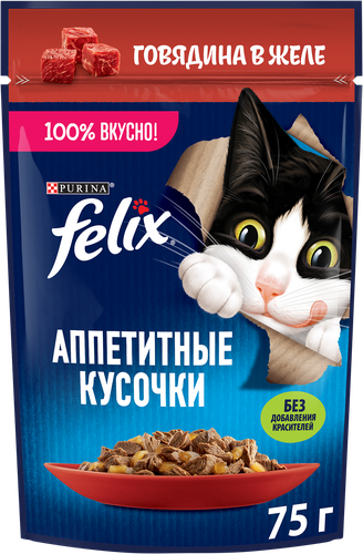 Корм влажный для взрослых кошек FELIX Аппетитные кусочки Говядина в желе, 75г, изображение