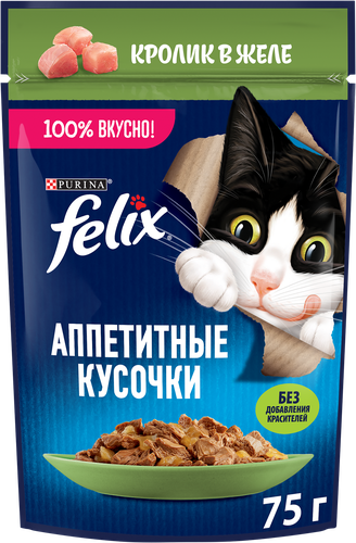 Корм влажный для взрослых кошек FELIX Аппетитные кусочки Кролик в желе, 75г, фотография