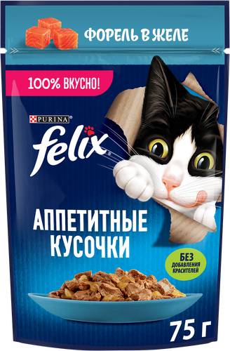 Корм влажный для взрослых кошек FELIX Аппетитные кусочки Форель в желе, 75г, фотография