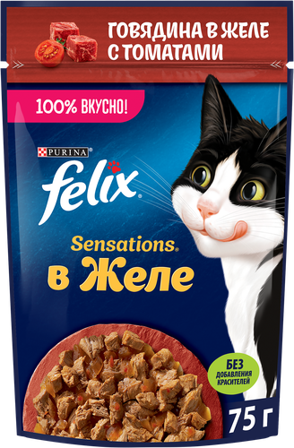 Корм влажный для взрослых кошек FELIX Sensations Говядина с томатами в желе, 75г, фото