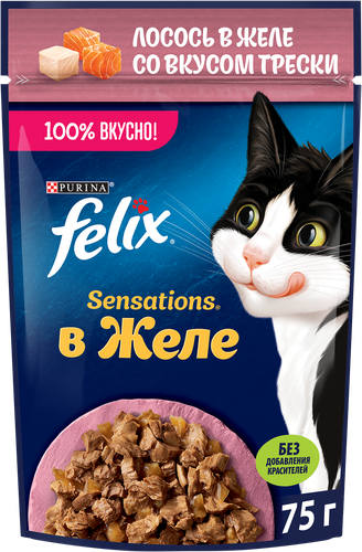 Корм влажный для взрослых кошек FELIX Sensations Лосось в желе со вкусом трески 75г, картинка