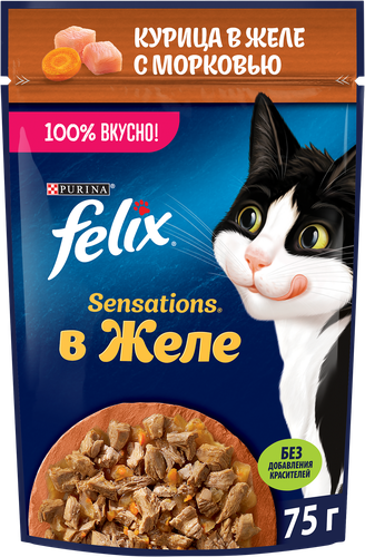 Корм влажный для взрослых кошек FELIX Sensations Курица с морковью в желе, 75г, детальное фото
