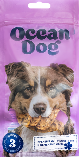 Лакомство для собак OCEANDOG Крекеры из атлантической̆ трески с семенами льна и отрубями, 40г, крупный план