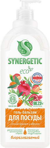 Гель-бальзам для посуды SYNERGETIC Сочный гранат и абрикос, 1л, крупный план