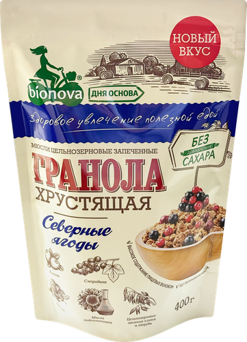 Мюсли хрустящие BIONOVA Северные ягоды, без сахара, 400г, крупный план