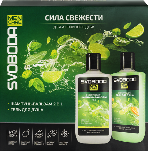 Набор подарочный мужской SVOBODA Men Care: Шампунь-бальзам освежающий 2в1, 300мл+Гель для душа освежающий, 300мл, изображение