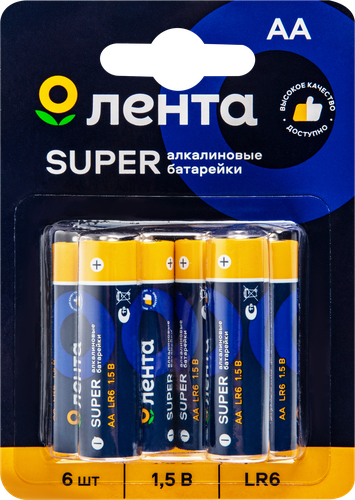 Элементы питания ЛЕНТА АА, LR6, 1,5В, алкалиновый Арт. ALR606, 6шт, крупный план