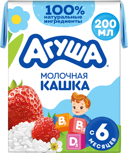 Каша рисовая детская АГУША Укрепляй-ка, молочная с клубникой, земляникой и яблоком 2,7%, с 6 месяцев, 200мл, детальное фото