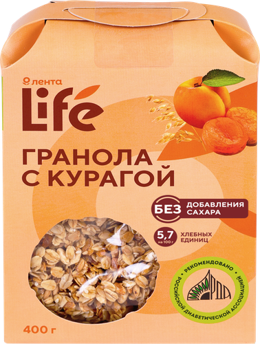 Гранола ЛЕНТА LIFE с курагой, без сахара, 400г, детальное фото
