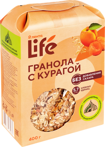 Гранола ЛЕНТА LIFE с курагой, без сахара, 400г, фото