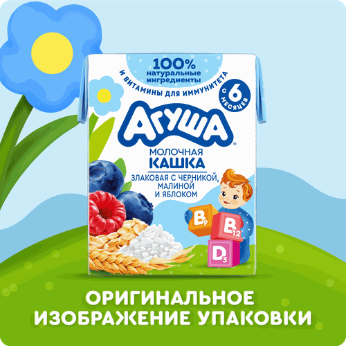 Каша злаковая детская АГУША Укрепляй-ка, молочная с черникой, малиной и яблоком 2,7%, с 6 месяцев, 200мл, изображение