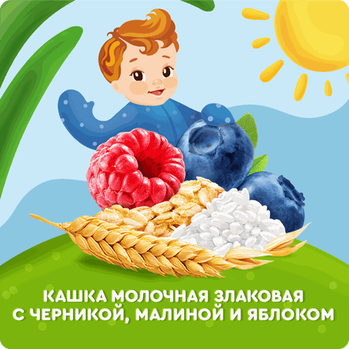 Каша злаковая детская АГУША Укрепляй-ка, молочная с черникой, малиной и яблоком 2,7%, с 6 месяцев, 200мл, крупный план
