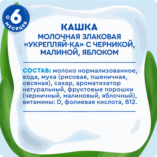 Каша злаковая детская АГУША Укрепляй-ка, молочная с черникой, малиной и яблоком 2,7%, с 6 месяцев, 200мл, изображение