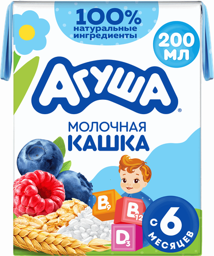 Каша злаковая детская АГУША Укрепляй-ка, молочная с черникой, малиной и яблоком 2,7%, с 6 месяцев, 200мл, вид