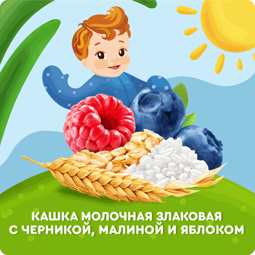 Каша злаковая детская АГУША Укрепляй-ка, молочная с черникой, малиной и яблоком 2,7%, с 6 месяцев, 200мл, фото