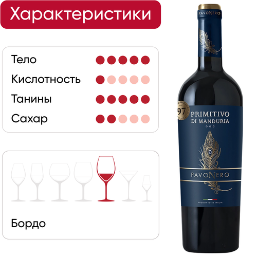 Вино PAVONERO Примитиво ди Мандурия сортовое выдержанное красное полусухое, 0.75л, фотография
