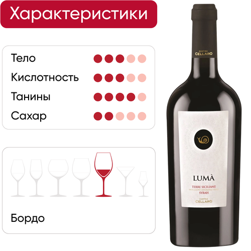 Вино LUMA Сира Сицилия сортовое ординарное красное полусухое, 0.75л, крупный план