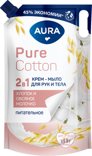 Крем-мыло жидкое для рук и тела AURA Pure Cotton 2в1 Хлопок и овсяное молочко, 850мл, фотография