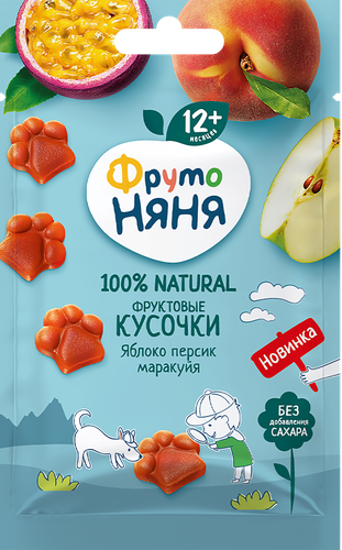 Фруктовые кусочки ФРУТОНЯНЯ Яблоко, персик и маракуйя, с 12 месяцев, 15г, картинка