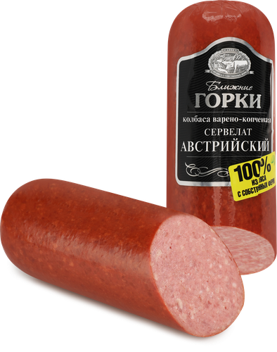 Колбаса варено-копченая БЛИЖНИЕ ГОРКИ Сервелат Австрийский, 330г, детальное фото