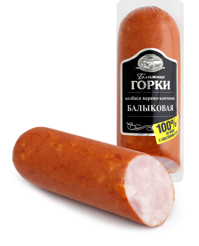 Колбаса варено-копченая БЛИЖНИЕ ГОРКИ Балыковая, 350г, крупный план