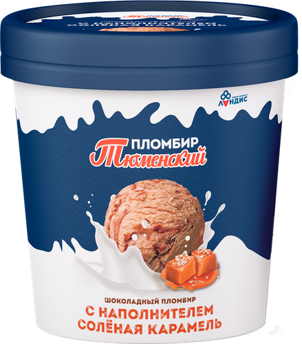 Мороженое ТЮМЕНСКИЙ ПЛОМБИР Пломбир шоколадный с наполнителем соленая  карамель 15%, без змж, картонный стакан, 280г, вид
