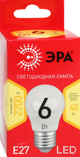 Лампа светодиодная ЭРА Red line LED P45, Е27 6Вт, шар, теплый белый свет Арт. Б0049643, вид