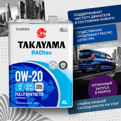 Масло моторное TAKAYAMA синтетическое SAE 0W-20, ILSAC GF-5, API SN, Арт. 605554, 4л, крупный план