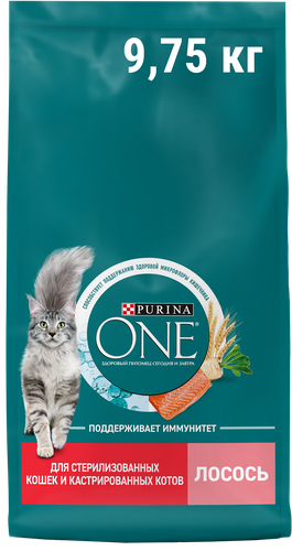 Корм сухой для взрослых кошек PURINA ONE для стерилизованных, с лососем, 9,75кг, фотография