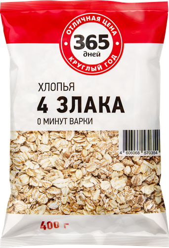 Хлопья мультизлаковые 365 ДНЕЙ 4 злака, 400г, крупный план