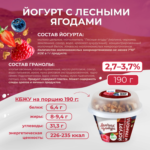 Йогурт МОЛОЧНАЯ КУЛЬТУРА с лесными ягодами с гранолой и изюмом 2,7–3,5%, без змж, 190г, картинка