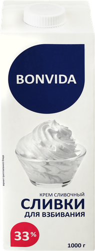Сливки ультрапастеризованные BONVIDA Для взбивания 33%, без змж, 1000г, картинка