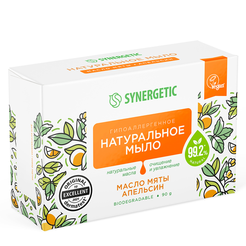 Мыло туалетное SYNERGETIC Масло мяты и апельсин, 90г, вид