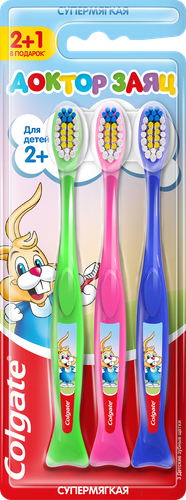 Зубная щетка детская COLGATE Доктор Заяц 2+1 супермягкая 2+, детальное фото