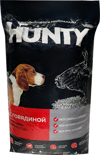 Корм сухой для взрослых собак HUNTY с говядиной, для всех пород, 10кг, детальное фото