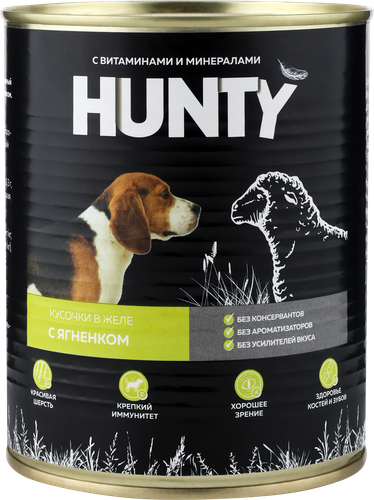 Корм консервированный для собак HUNTY сочные кусочки в желе с ягненком, 850г, крупный план