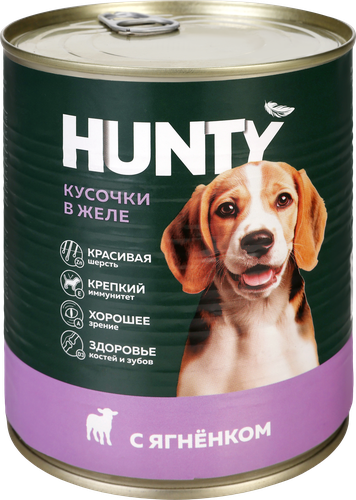 Корм консервированный для собак HUNTY сочные кусочки в желе с ягненком, 850г, фото