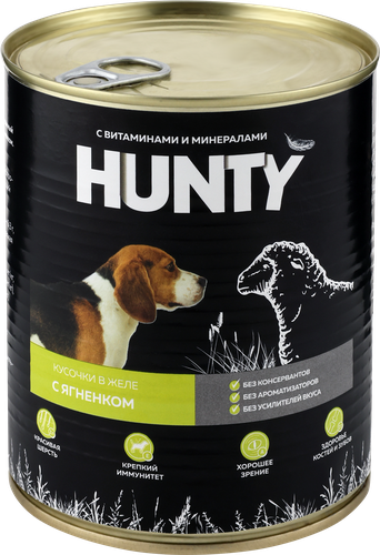 Корм консервированный для собак HUNTY сочные кусочки в желе с ягненком, 850г, фото