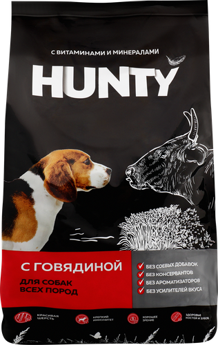 Корм сухой для взрослых собак HUNTY с говядиной, для всех пород, 2,2кг, фотография