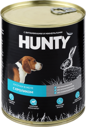 Корм консервированный для собак HUNTY сочные кусочки в желе с кроликом, 850г, фотография