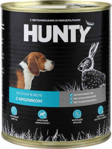 Корм консервированный для собак HUNTY сочные кусочки в желе с кроликом, 850г, фотография