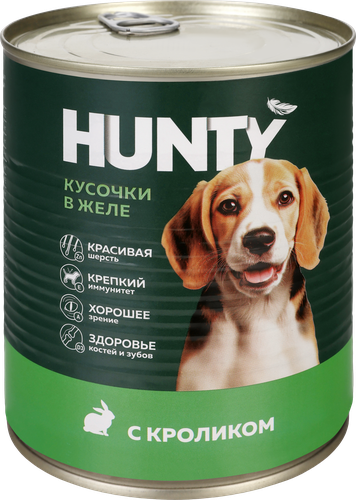 Корм консервированный для собак HUNTY сочные кусочки в желе с кроликом, 850г, фото