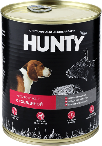 Корм консервированный для собак HUNTY сочные кусочки в желе с говядиной, 850г, детальное фото