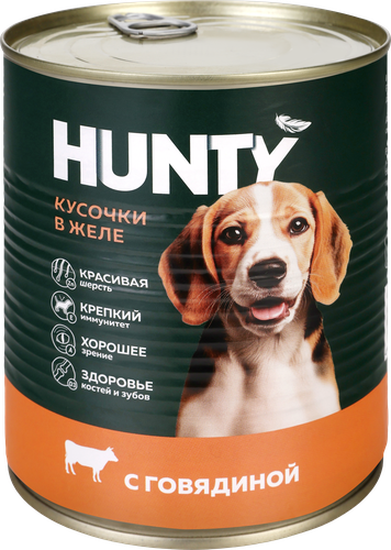Корм консервированный для собак HUNTY сочные кусочки в желе с говядиной, 850г, фото